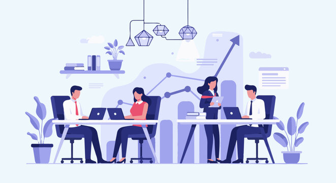 Diverse professionals collaborate at desks with laptops, a growth chart, and office plants