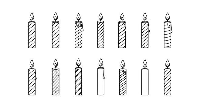 Candle flame icon set with multiple white wax candles and small glowing wicks for birthday and celebration designs