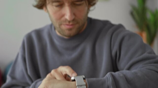 Man checks smartwatch, presses watch face and fist pumps in studio with indoor plants and casual sweatshirt; joy accomplishment.
