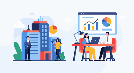 Naklejka premium Diverse professionals collaborate in modern office environments, presenting data and overseeing city operations