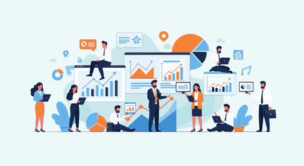 Obraz premium Business professionals collaborate on data analysis and charts in a modern office setting