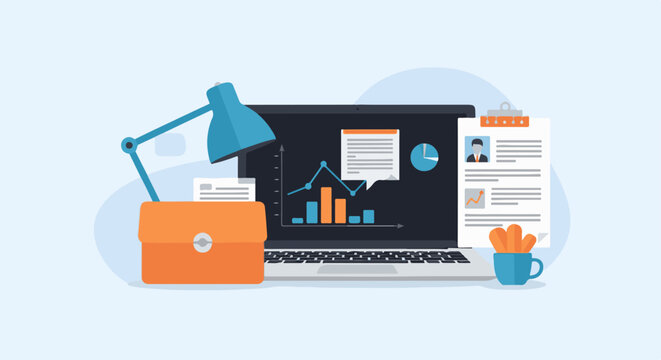 A flat illustration of a desk setup with a laptop, lamp, and business documents