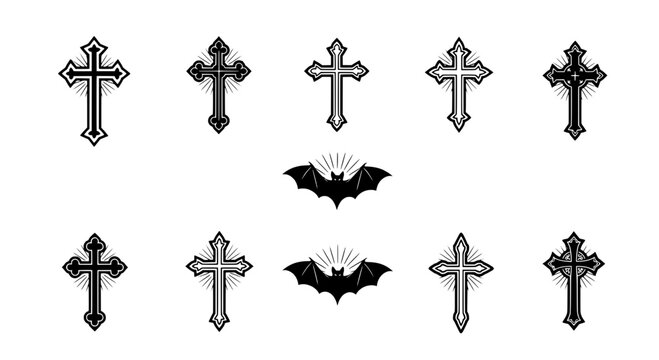 Crosses and bats icon set with gothic style and sunburst effects featuring cross, bat, icons with symbol and symbols elements for effect, black