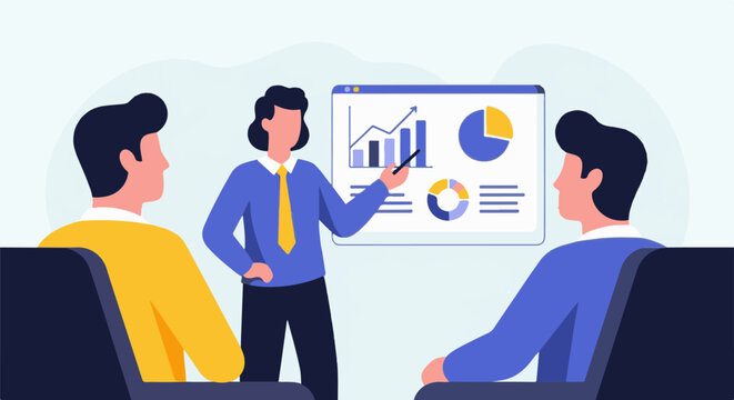 A person presents data with charts to two seated individuals