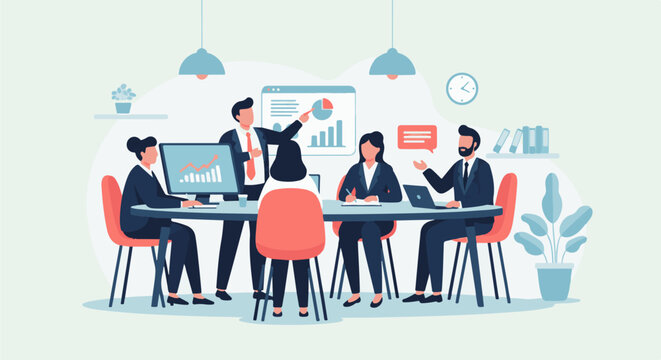 Diverse professionals in a modern office collaborate around a conference table discussing growth charts