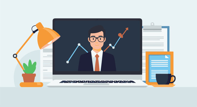 Digital analyst with graph on screen, desk setup with lamp, plant, coffee, and documents