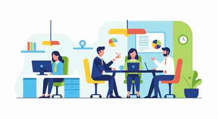 Diverse professionals collaborating at desks, discussing charts and computer data in a modern office
