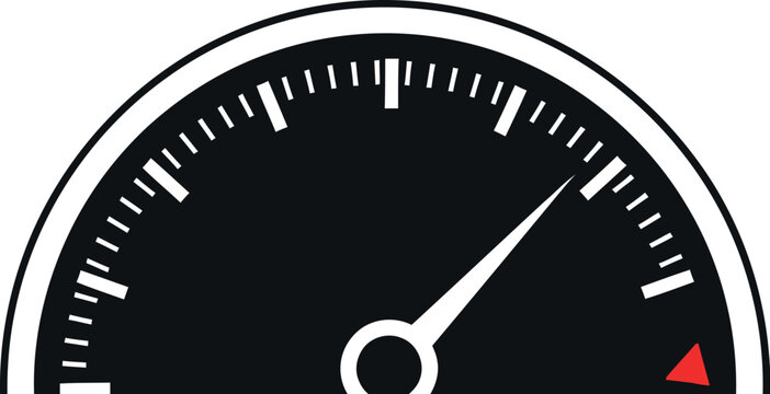 A visual representation of a black and white speedometer gauge with its needle pointing towards the maximum level, symbolizing high performance, speed, and efficiency.