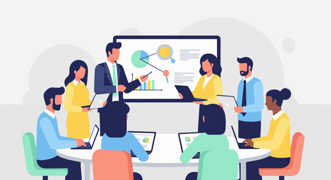 Diverse team collaborates at a modern conference table, analyzing charts on a projector screen