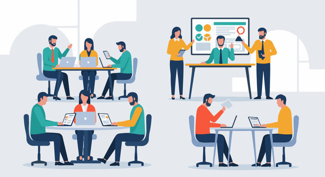 Diverse group collaborating at tables and presentation in a modern office space