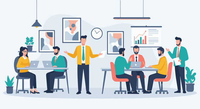 Diverse team collaborates in a bright office meeting, presenting data
