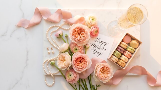 A beautiful arrangement of flowers, macarons, and pearls on a marble surface for Mother's Day