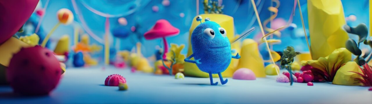 Cartoon character in a surreal environment with colorful plants and structures