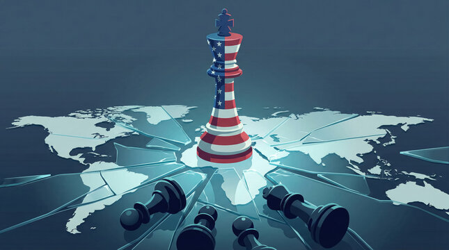 American king chess piece dominating shattered world map, geopolitical strategy, global power and US hegemony concept. 