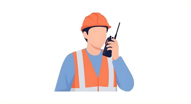 Construction worker wearing orange safety vest and hard hat uses radio on Labor Day morning