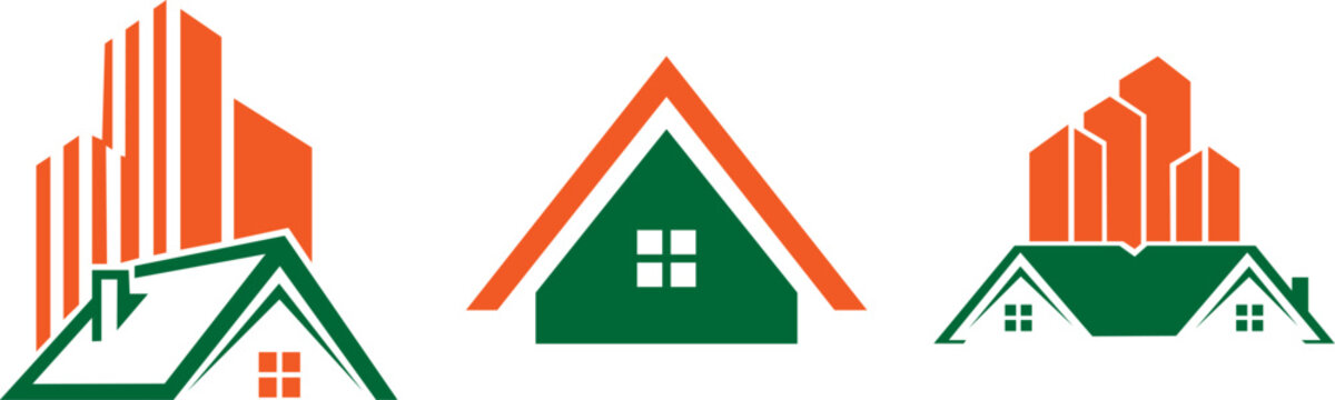 Green and orange house and building icons on white background