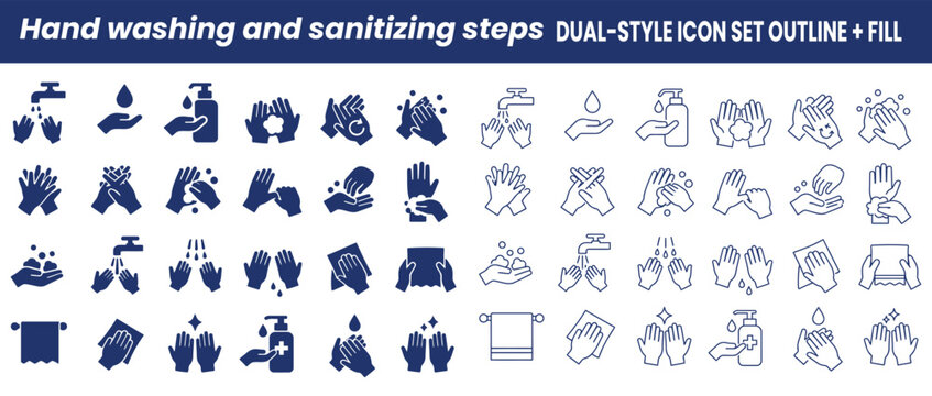 Hand washing and sanitizing steps icon set icon set