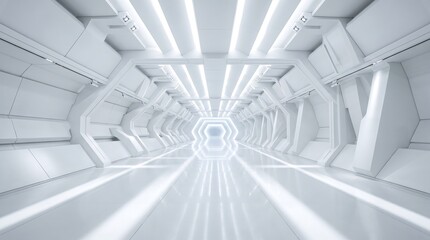 Fototapeta premium A futuristic white corridor with bright lights and a sleek design