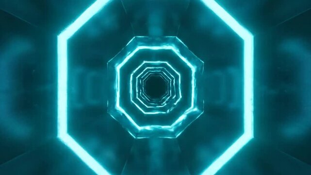 Futuristic cyan tunnel with octagon shape lights and space travel concept for modern visuals