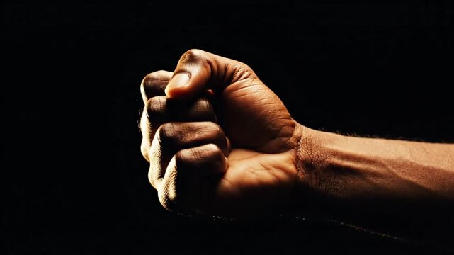 Dramatic slow motion sequence of a hand transforming from closed fist to open and back again on black background