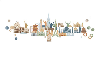 Naklejka premium Panoramic Global Landmarks and Abstract People Paper-Cut Minimalist