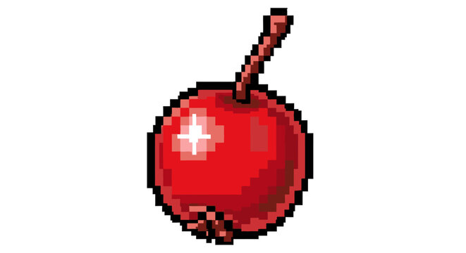 Pixel Art Red Cherry with Stem.