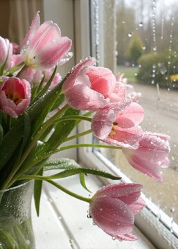 Fresh pink tulips in a clear glass vase by a sunlit window