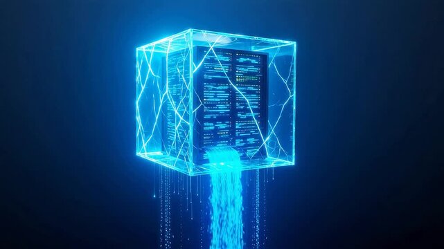 Cube with glowing code and data stream symbolizing financial stability and economic growth