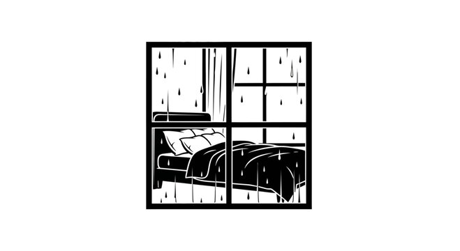 a black and white drawing of a car in a window.