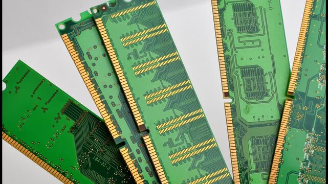 Fascinating detail of computer RAM, with shiny chips ready to accelerate performance. Impressive close-up of RAM memory, revealing its intricate architecture and computing power.