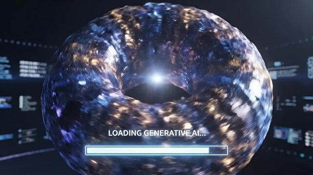 Loading Generative AI Interface - A futuristic visual representation of a generative AI loading screen, showcasing an abstract, colorful torus shape with a glowing center.