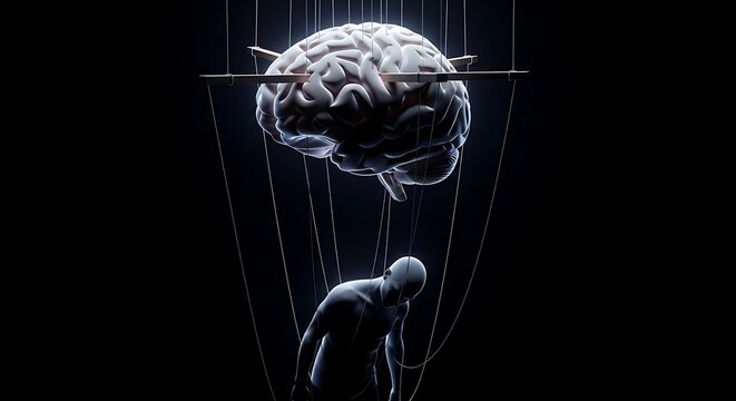 A haunting concept of mind control, depicting a human brain manipulating a puppet-like figure with strings, symbolizing psychological influence and mental dominance