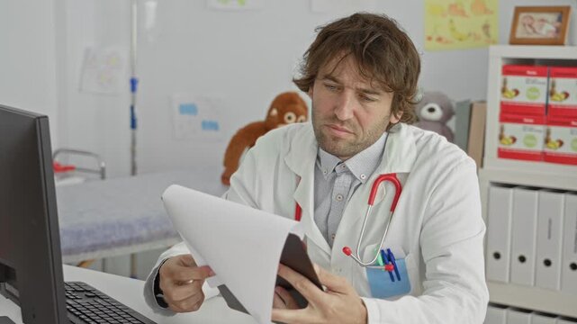 Man doctor in building holds patient files and rubs forehead with hand at a computer desk, stethoscope on coat pocket, looking weary; fatigue paperwork.