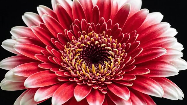 Time-lapse of a red and white gerbera daisy blooming and opening against a black background
