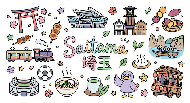 埼玉の観光と文化をテーマにしたかわいいフラットイラストアイコンセット（名所・自然・街並み・特産）