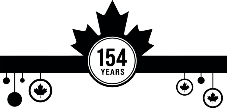 Stylized vector illustration of a Canadian maple leaf emblem celebrating 154 years, featuring small maple leaf icons and circular elements. Ideal for national holiday promotions, patriotic events, and