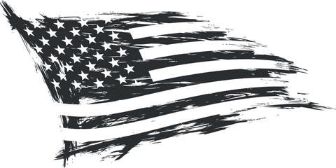 A distressed American flag rendered with grunge brush strokes, symbolizing independence and patriotism. Ideal for patriotic events, political themes, and historical retrospectives. © RAC.Design-Magic