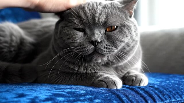 British shorthair cat enjoying a gentle head scratch while relaxing on a comfortable blue velvet cushion