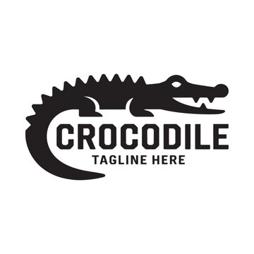 Black silhouette of a crocodile with bold text and a curved tail