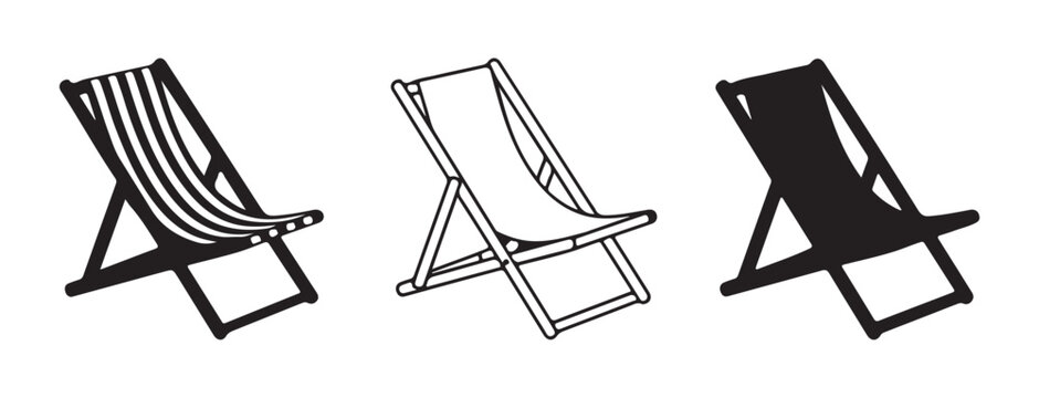 Folding deck chair vector illustrations in three different styles for summer vacation beach leisure concept designs.