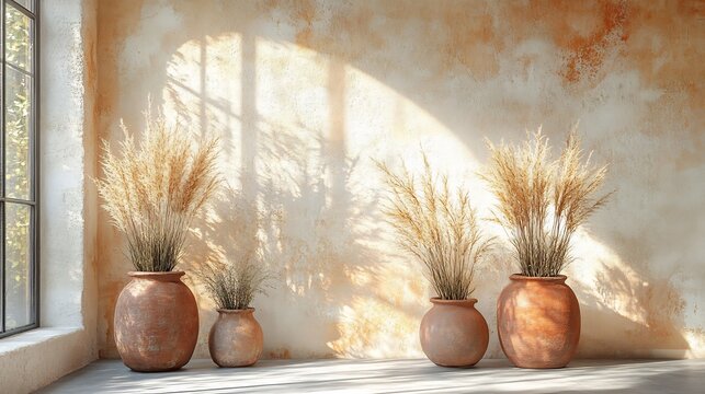 Terracotta Vases with Dry Wheat on Floor in Sunlit Room