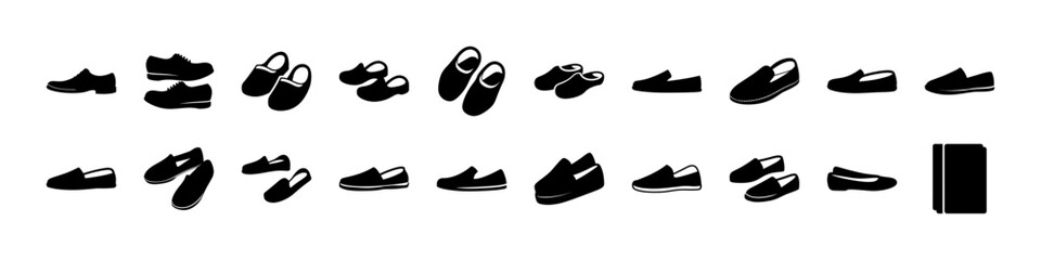 Naklejka premium Black and white flat shoe icons set - Minimalist collection of black and white flat shoe icons in various styles for design and illustration projects.