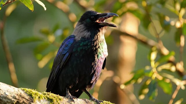 House crow perches on a branch and vocalizes with a beautiful iridescent display of feathers in the sun