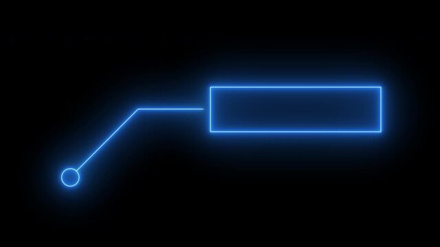Animated blue neon line HUD callout graphic with pointer and rectangular data box. call out interface element 4k video.