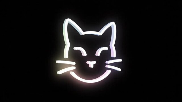 Neon Light Animated Cat Face Smiling with Closed Eyes on Black Background Glowing Abstract Illustration