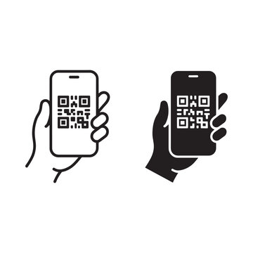 Hands holding smartphones displaying qr codes black and white line art