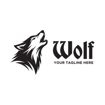 Black and white illustration of a wolf howling with stylized text