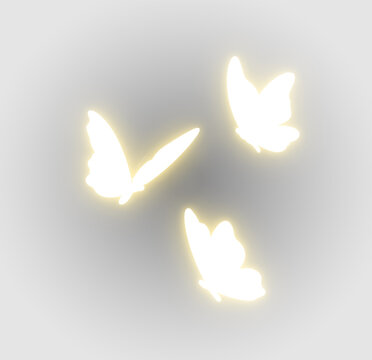 Radiant golden butterfly silhouettes glow light decorative trio effect png overlay element, on transparent background