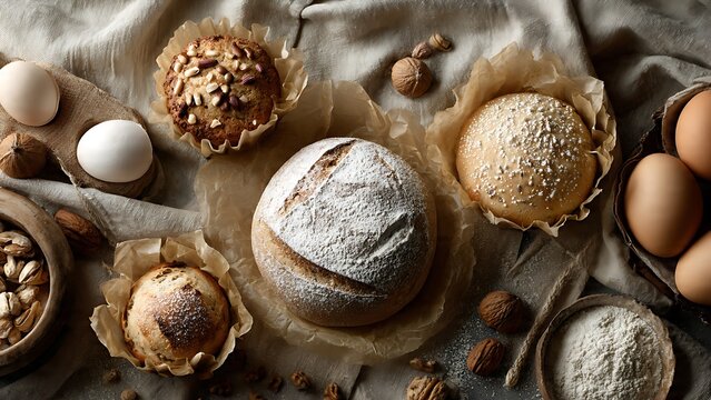 Rustic still life with sourdough bread, muffins, eggs and flour on linen background.