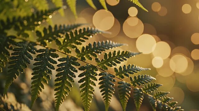 Dew-Kissed Fern Leaves with Bokeh Background - Close-up of fresh green fern leaves covered with droplets of dew.